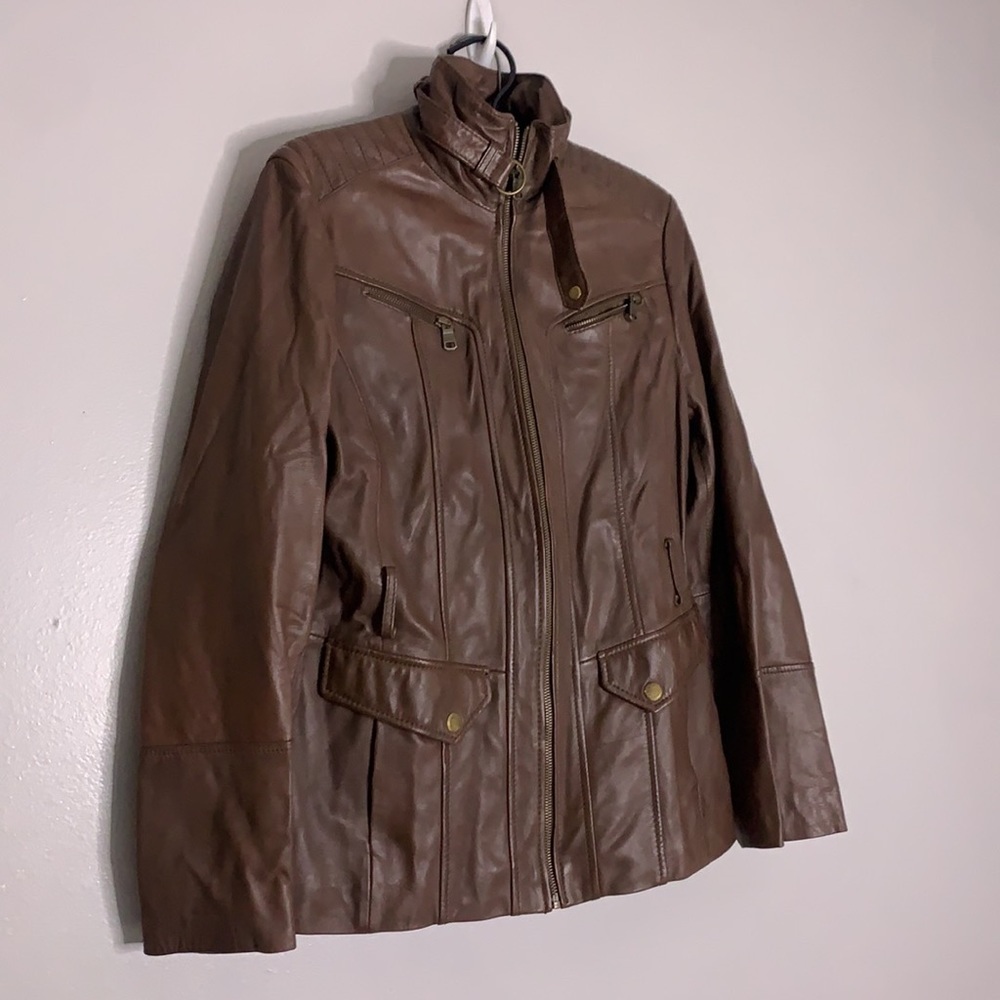 Marc New York Andrew marc chocolate brown leather high neck zip up jacket large - Picture 2 of 8